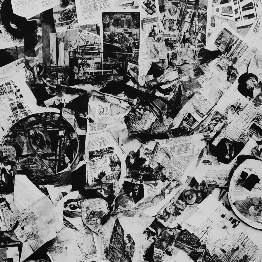Prompt: A black and white photography of an exhibition space with objects of Sun Ra, Marcel Duchamp and tropical plants, 60s, offset lithography print, newspaper, detail, nature morte