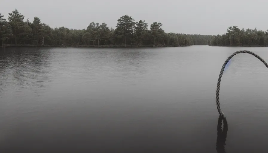 Prompt: photograph of an infinitely long rope floating on the surface of the water, the rope is snaking from the foreground towards the center of the lake, a dark lake on a cloudy day, trees in the background, moody scene, anamorphic lens