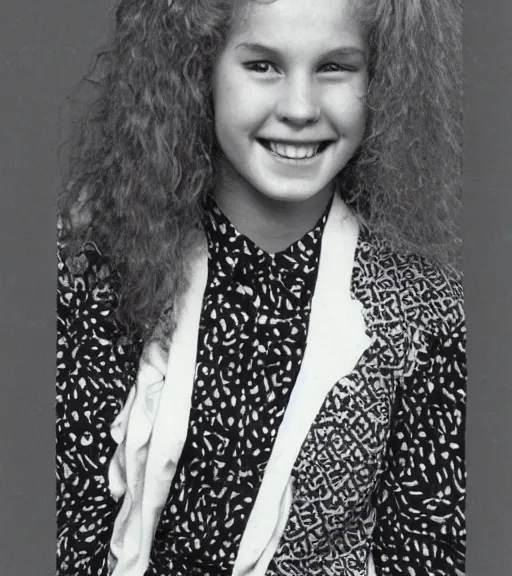 Image similar to 1 9 8 0 s highschool girl with big blonde hair, a black and white patterned shirt, magenta hair clip, yearbook photo