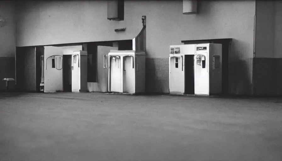 Prompt: 60s movie still of empty public toilets visible toilets, cinestill 800t 50mm eastmancolor, liminal Space style, heavy grain-s 150