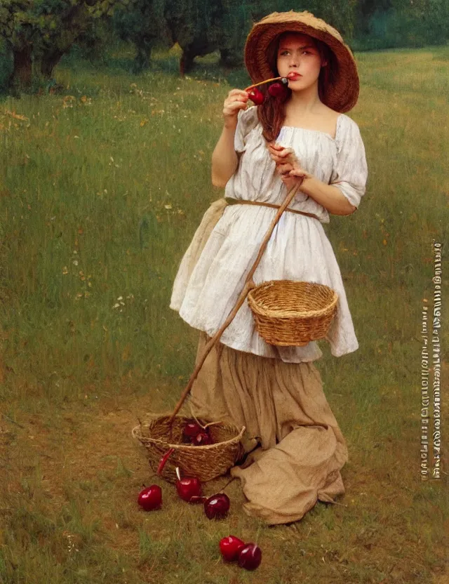 Prompt: peasant girl put cherry in her mouth with appetite, portrait, lolita style, Cottage core, Cinematic focus, Polaroid photo, vintage, neutral colors, soft lights, foggy, by Steve Hanks, by Serov Valentin, by Andrei Tarkovsky, by Terrence Malick, 8k render, detailed, oil on canvas