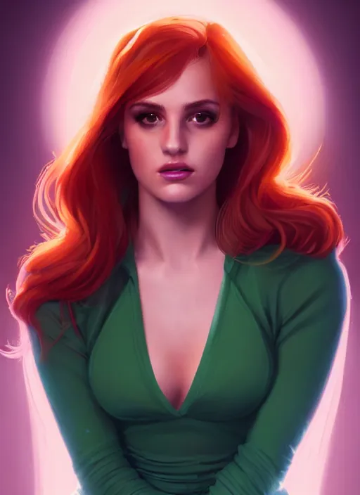 Image similar to full body portrait of teenage cheryl blossom, bangs, green eyes, mischievous expression, red hair, sultry smirk, bangs and wavy hair, intricate, elegant, glowing lights, highly detailed, digital painting, artstation, concept art, smooth, sharp focus, illustration, art by wlop, mars ravelo and greg rutkowski