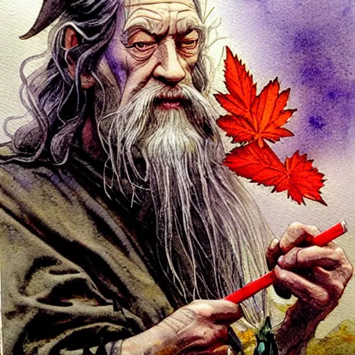 Image similar to a realistic and atmospheric watercolour fantasy character concept art portrait of gandalf with red eyes smoking a huge blunt looking at the camera with a marijuana leaf nearby by rebecca guay, michael kaluta, charles vess and jean moebius giraud