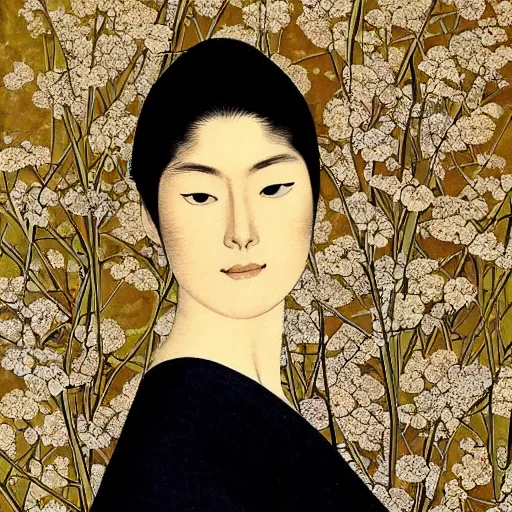 Prompt: “ rosamund pike portrait by ikenaga yasunari and ayana otake and ko rakusui, 6 0 s poster, drawing, realistic, sharp focus, japanese, dreamy, nostalgia, faded, golden hues, floral clothes ”