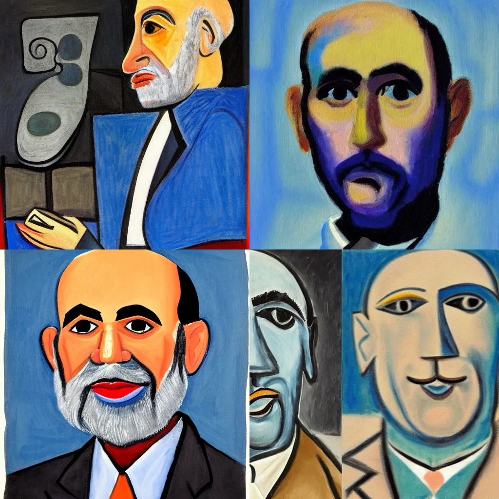 Prompt: Painting of Ben Bernanke in the style of Pablo Picasso’s blue period