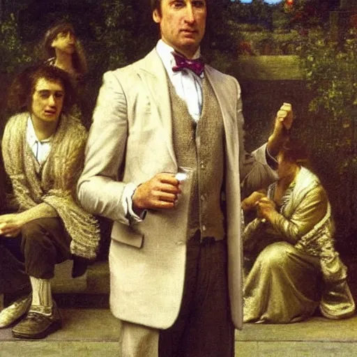 Image similar to saul goodman posing confidently before a crowd of cheering fans, award winning painting by edward poynter