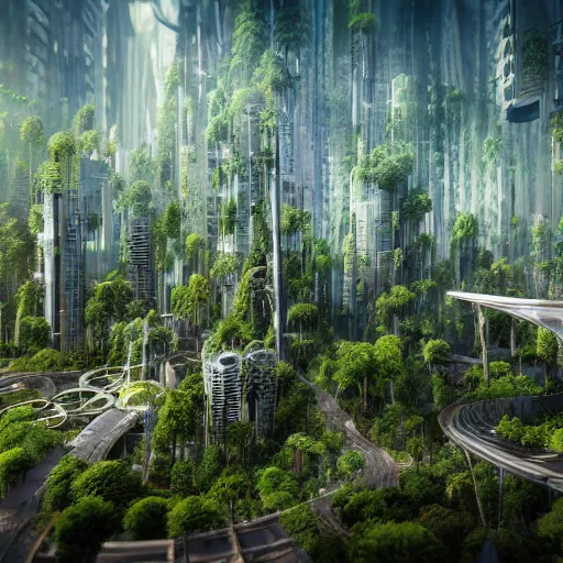 Image similar to extremely dense futuristic forest city, highly detailed, tilt shift, volumetric lighting, concept art, octane render, forestpunk, biomechanical, artstation