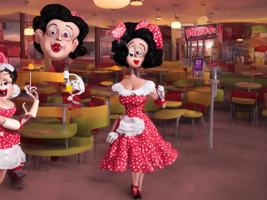 Image similar to anthropomorphic animatronic Betty Boop in Mc Donalds, real hair, dimly lit, liminal space, photorealistic, unrealengine octane 3d render