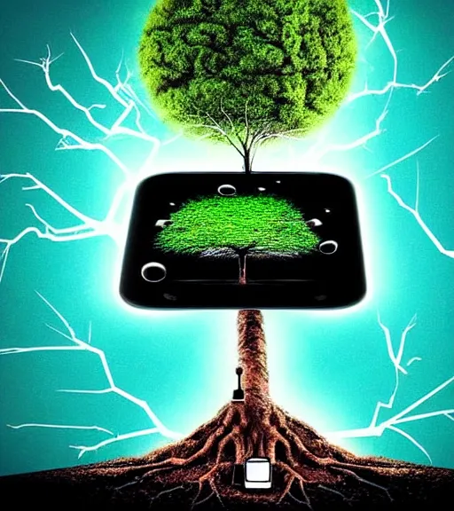 Image similar to smartphones melting into the ground, a new tree rising symbolising a new, humans falling into the ground representing their demise, a robot intelligence with a godlike presence rising from the ground, all in a surrealist style