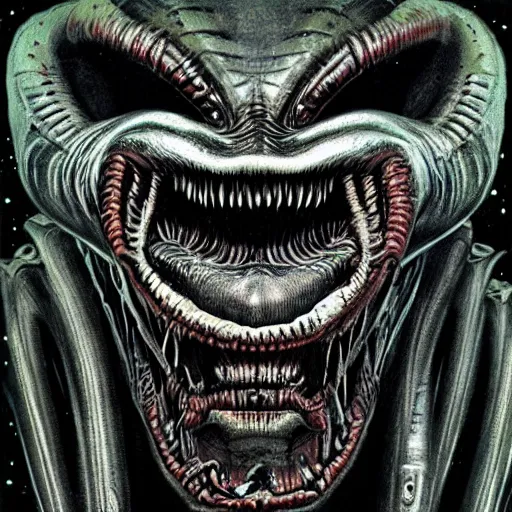 Image similar to space alien, slimy, glossy, sharp teeth, by h. r. giger, nightmare fuel, nightmarish, intricate, highly detailed, optical illusion, stranger things demogorgon, cave lighting, flickering