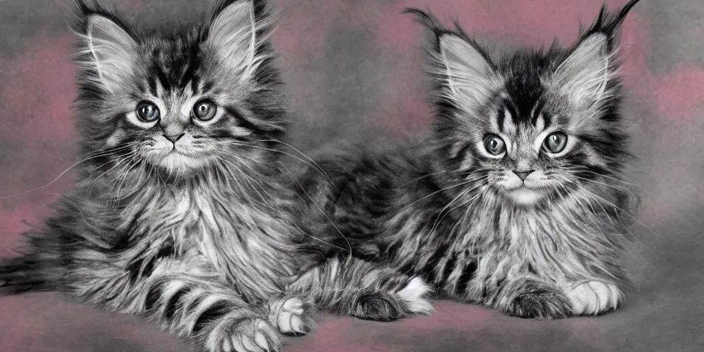 Prompt: shower curtain product catalog. on the curtain is a maine coon kitten printed as a watercolor with ink under drawing. product photography, product lighting. 4 k, highly detailed. saturated.