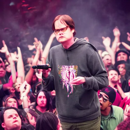 Image similar to Dwight schrute on stage at a hip hop concert throwing beets at the crowd