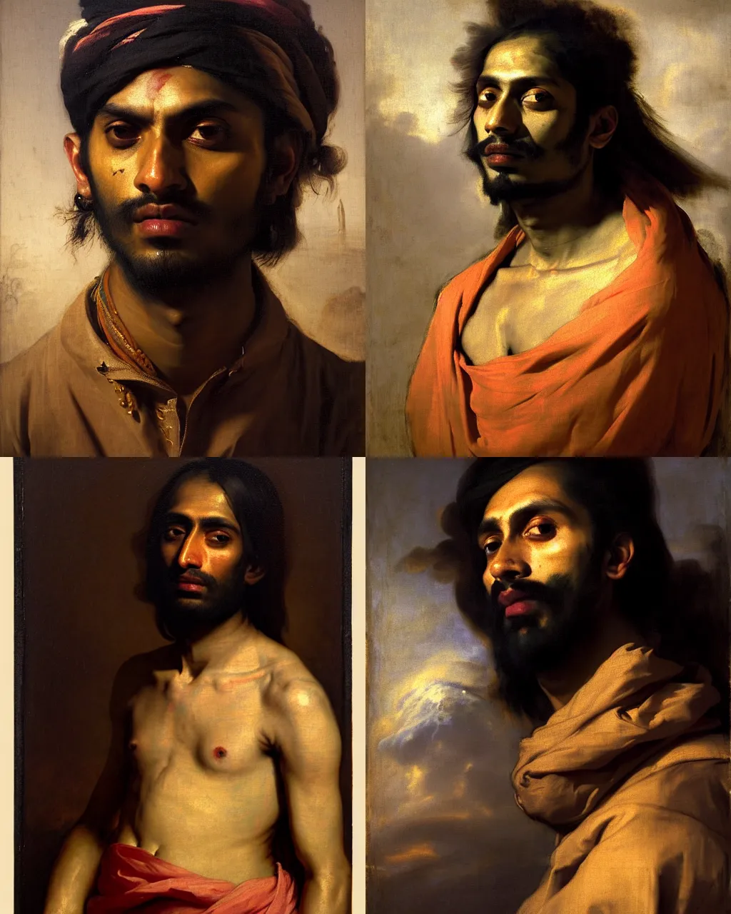 Prompt: a beautiful dramatic portrait of a 2 5 years old spaced out tripping indian stoner boy, head only, by greg rutkowski, by anthony van dyck, by theodore gericault, oil on canvas, flemish baroque art, kodak porta 4 0 0, large format film, trending on artstation, masterpiece, cold lighting, detailed, 8 k