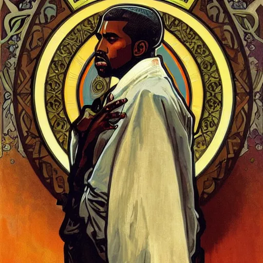 Image similar to surprised Kanye West, painting by Alphonse Mucha