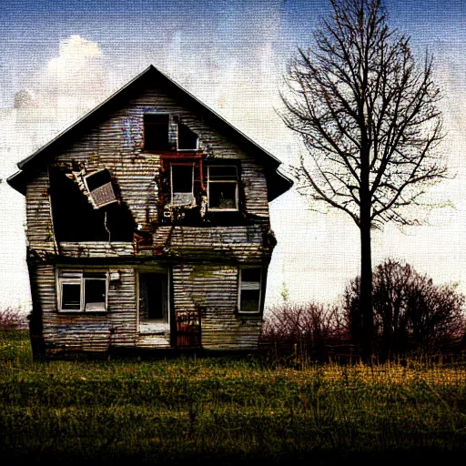 Prompt: old 6 0 s house in decay in the middle of a field, realistic pixel sorting