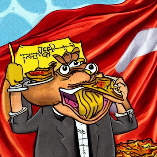 Image similar to Garfield eating lasagna on 9/11 while flying a gadsden flag, in the style of beksinki, hyperrealistic, photorealistic, ultra hd, digital illustration, concept art, award-winning, highly detailed, 4k, satanic, dark, evil, dungeons and dragons