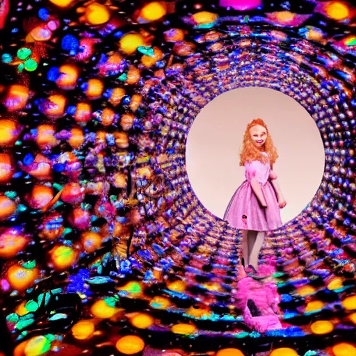 Prompt: Alice in wonderland with big round infinity mirrors for eyes ultra realistic 8k insane level of detail