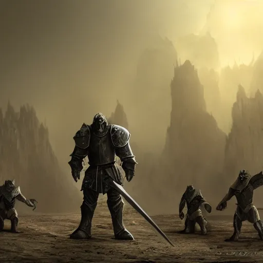 Image similar to A single knight standing against an army of orcs in the desert, HD, ultra detail, matte, fantasy, famous illustration, masterpiece, dark atmosphere, war, good value control, intricate, cinematic, concept art, 8K, foggy,