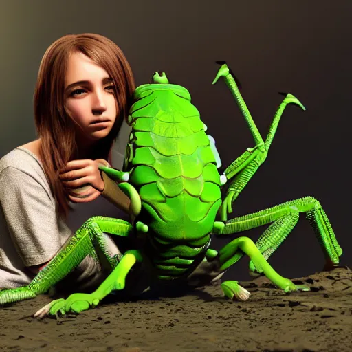 A girl hugging a giant grasshopper photoreal stable diffusion openart