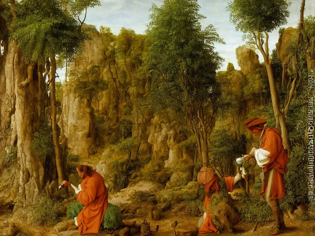 Prompt: kneeling painter washing his brush in a desert oasis, ferns. painting by jan van eyck