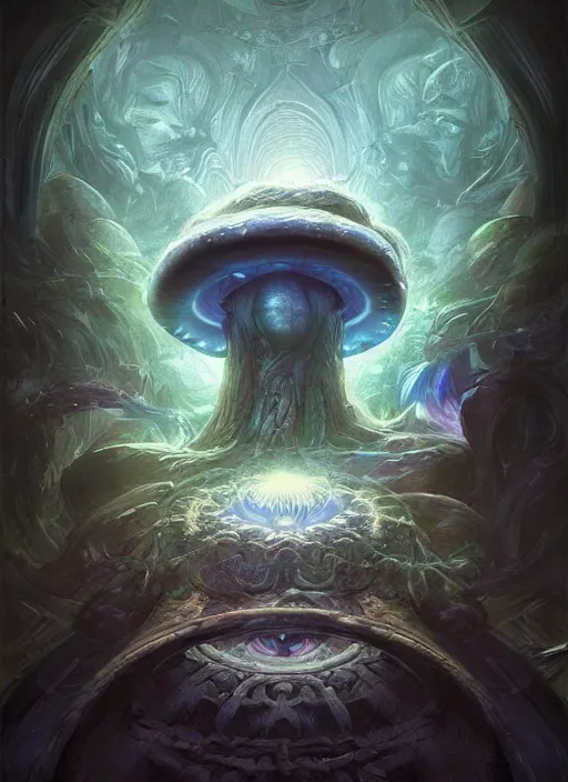 Image similar to mushroom deity inside void manifold, portrait by ross tran, timeline nexus, ascending universes, a dnd illustration of philosophical concept by cgsociety and james gurney, artstation, hdr, rtx