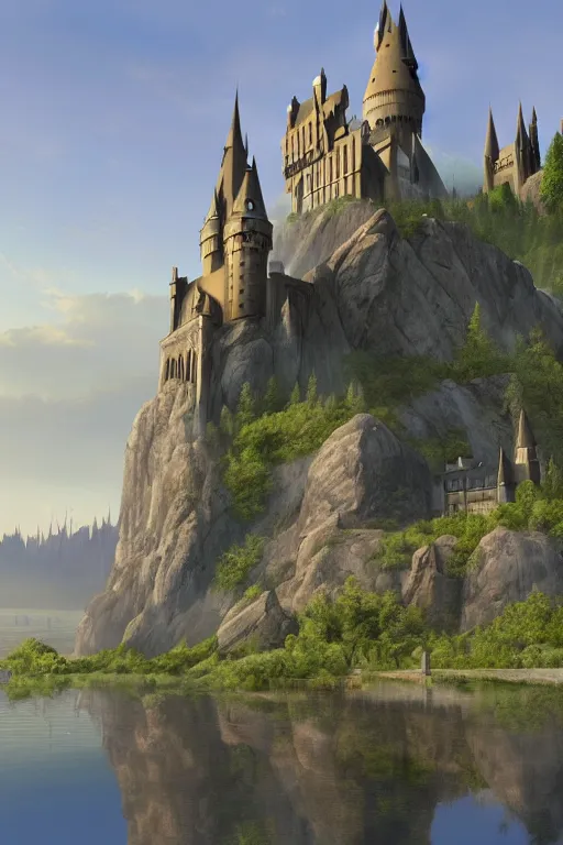 epic Hogwarts castle, view from the lake, early | Stable Diffusion