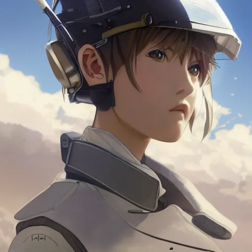 Image similar to pilot girl, cyborg aircraft parts, anime style, vintage pilot clothing, shoulder eyes, last exile anime, hair down, symmetrical facial features, from arknights, hyper realistic, 4 k, rule of thirds, extreme detail, detailed drawing, trending artstation, realistic lighting, by alphonse mucha, greg rutkowski, short neck
