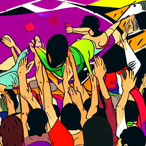Prompt: person being stretched out while crowd surfing like rubber man, anime style art
