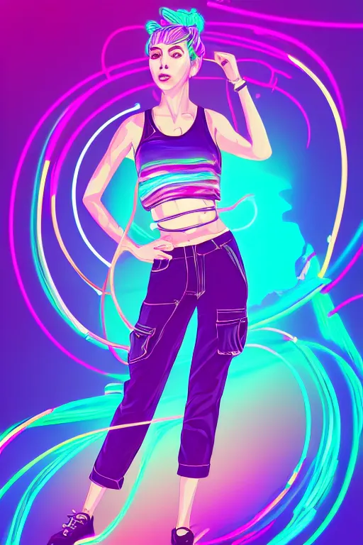 Image similar to a award winning half body portrait of a beautiful woman in a croptop and cargo pants with ombre purple pink teal hairstyle surrounded by whirling illuminated lines, outrun, vaporware, shaded flat illustration, digital art, trending on artstation, highly detailed, fine detail, intricate