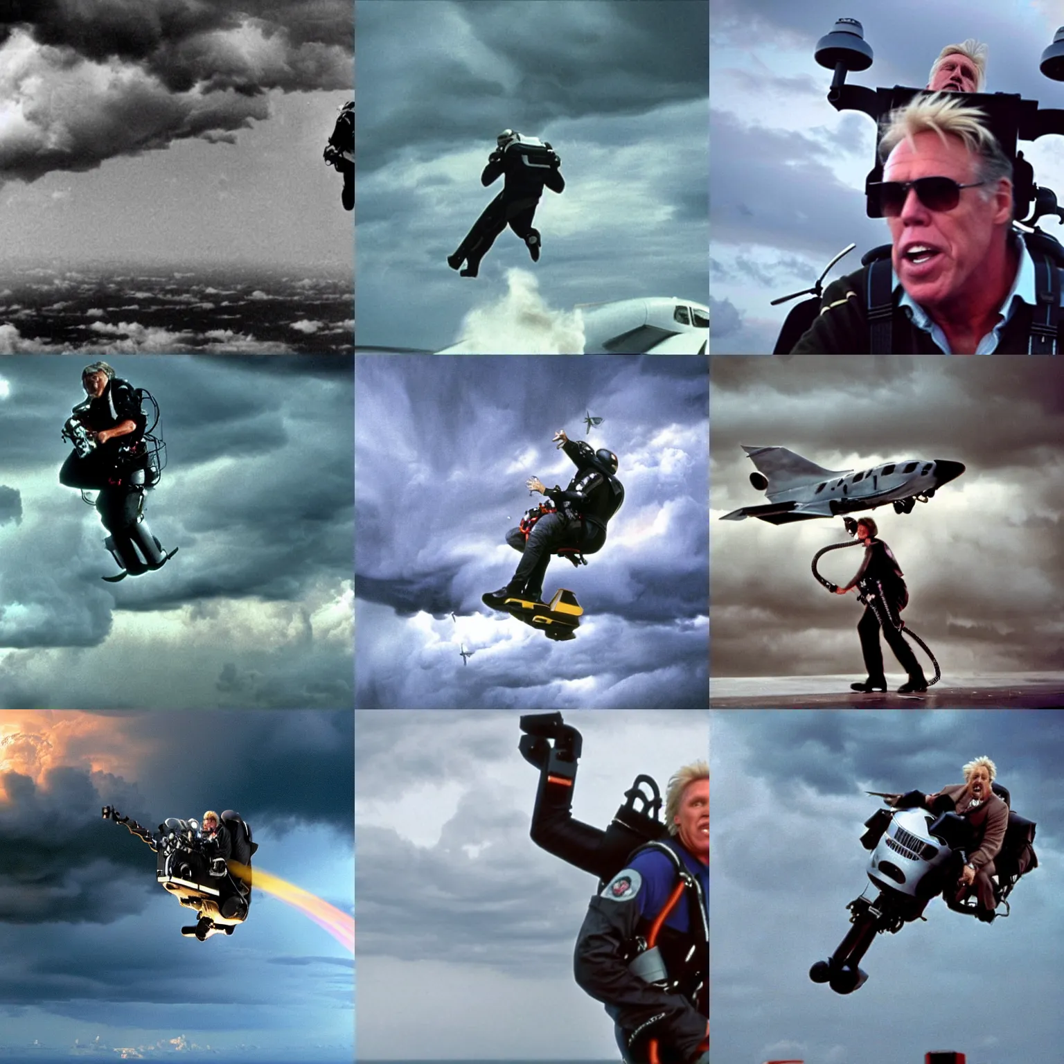 Prompt: gary busey flies through a stormy sky on a jet pack, movie still