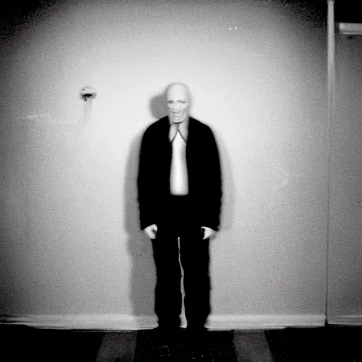 Prompt: a expired flash photo of creepy man with an unnatural posture standing in a vantablack dark!!! russian basement from the horror movie rec, out of focus, uncanny valley, shaky camera, it is deformed and is staring at the camera from the end of a dark liminal hallway. caught on vhs, film grain, national geographic award winning photography,