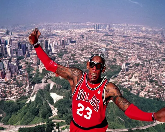 Image similar to dennis rodman t-posing in the air like jordan. he is flying over the city like a delicate little dove. he looks at the camera with intent to kill the viewer