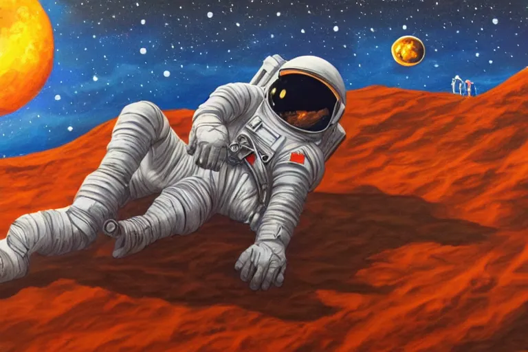 Image similar to an astronaut laying on mars in the style of flooko, acrylic art, detailed, moonlight,