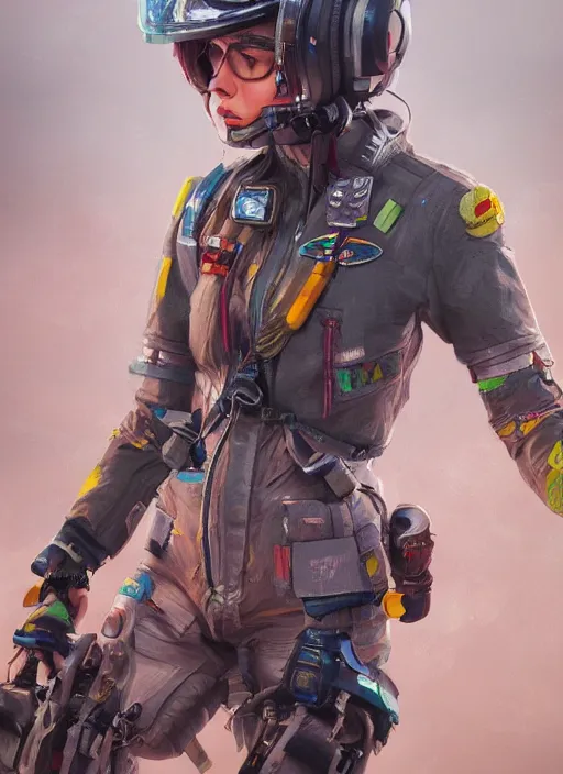 Image similar to detailed full body concept art illustration colorful oil painting of a female pilot in full intricate clothing, ultra detailed, digital art, octane render, 4K, dystopian, micro details, hyperrealistic