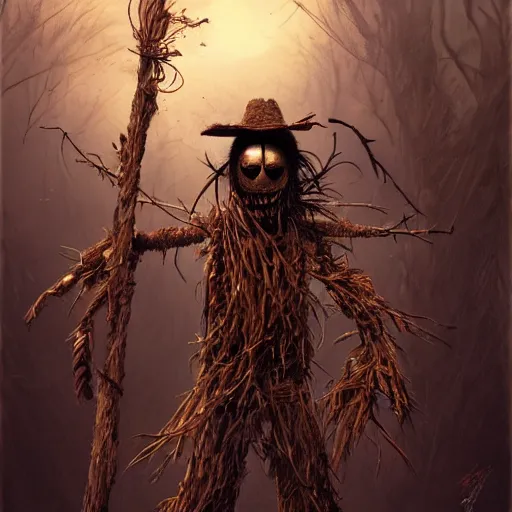 Prompt: very detailed face of a haunted scarecrow, with sticks of woods, bones and wood, snake and crow, james gurney, greg rutkowski, deviantart, artstation