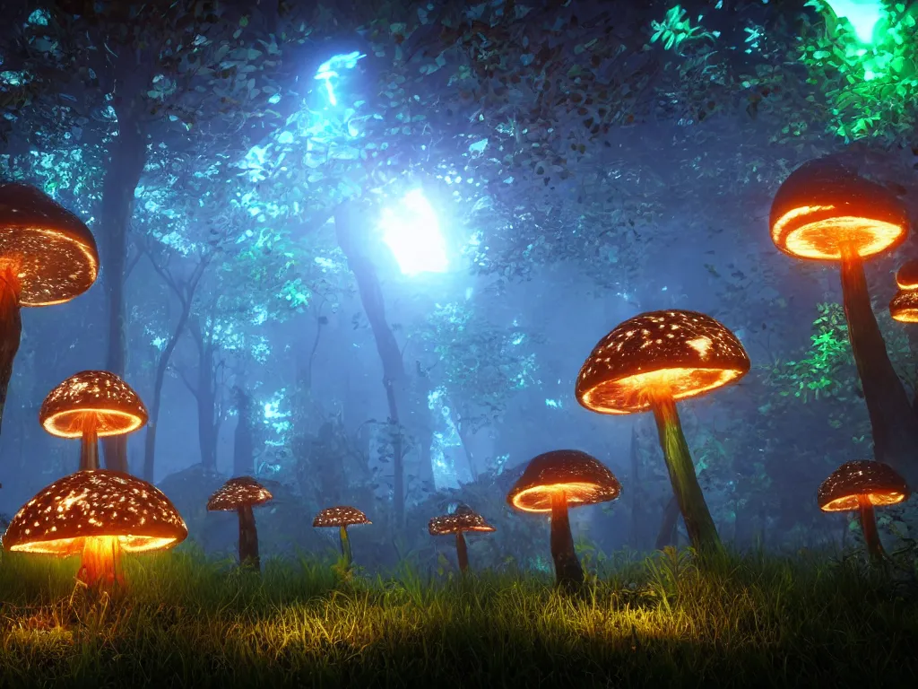 Prompt: many large bioluminescent mushrooms with glowing spores, unreal engine 5, uhd wallpaper 8k