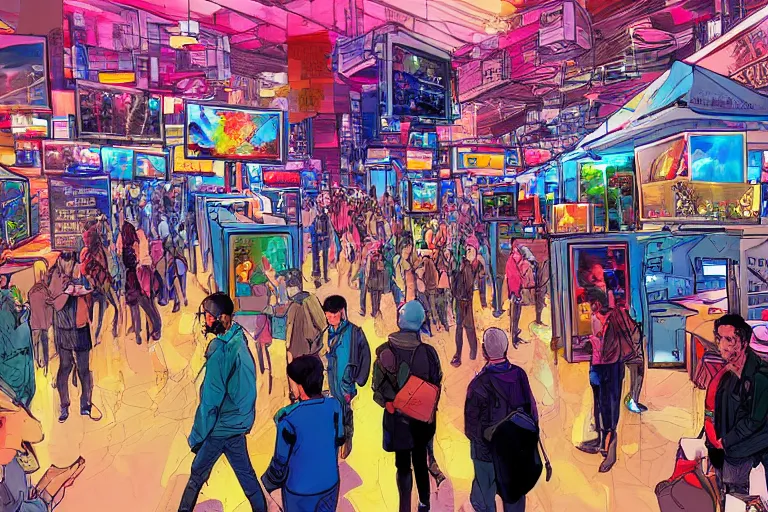 Prompt: people visiting crypto art market in the future, rennaisance, people, gallery, cable, akira, bright colors, concept art