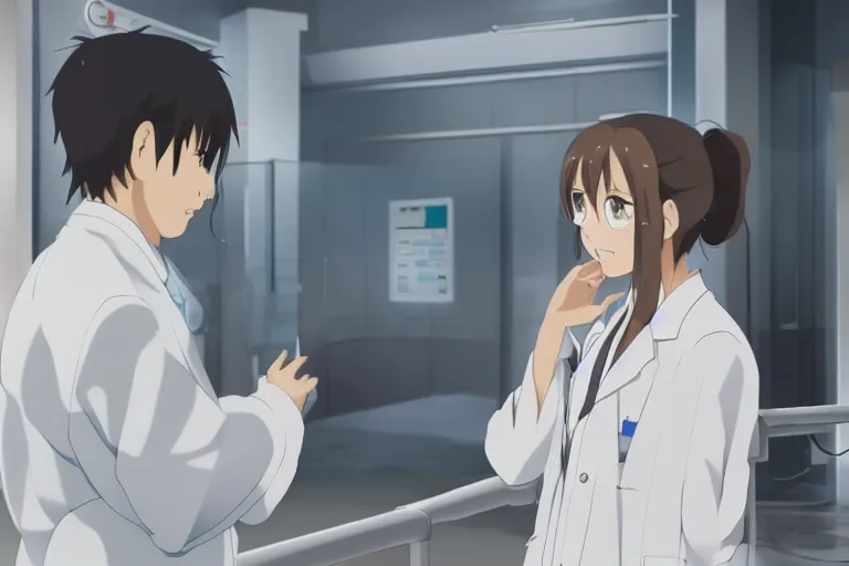 Image similar to a cute young female doctor wearing white coat are talking with an old surgeon in a hospital, slice of life anime, lighting, anime scenery by makoto shinkai