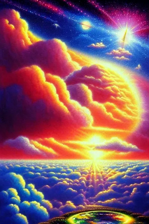 Prompt: a photorealistic detailed cinematic image of a beautiful vibrant scene, future of humanity, super evolution, spiritual science, divinity, utopian, beautiful being, enlightenment, cumulus clouds, ornate feeling of bliss, isometric, by pinterest, david a. hardy, kinkade, lisa frank, wpa, public works mural, socialist