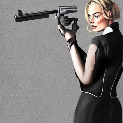 Prompt: a margot robbie wearing a business, she has grey hair and is holding a revolver, digital painting, smooth, hd, realist, artstation, deviantart