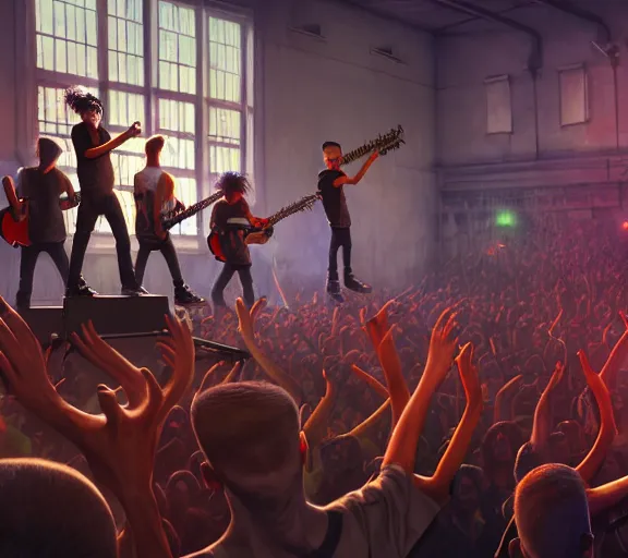 Image similar to 4 punks in school uniform with mohawks stand on stage with guitars and drums and microphones and yell day, foreground fight of ravers and punks, by marc simonetti, tyler edlin, deviantart, ray tracing, octane render, digital art, realistic, high quality, 8 k