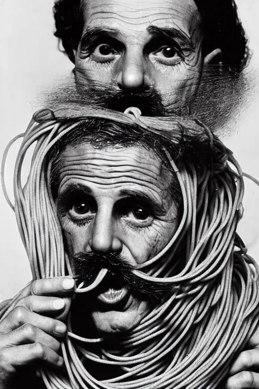 Image similar to extremely detailed portrait of old italian cook, spaghetti mustache, slurping spaghetti, spaghetti in the nostrils, spaghetti hair, spaghetti beard, huge surprised eyes, shocked expression, scarf made from spaghetti, full frame, award winning photo by george hurrell