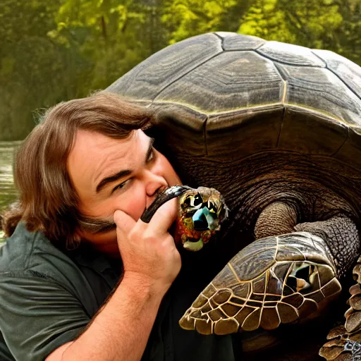 Image similar to jack black kissing a giant turtle, national geographic photo, 8 k