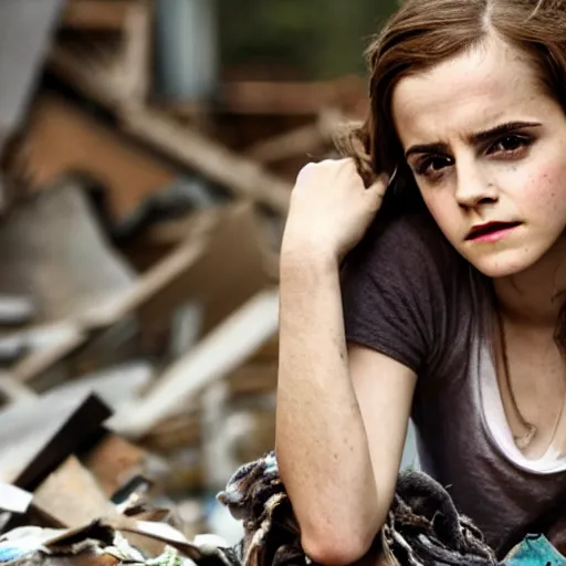 Prompt: concerned and tired emma watson in shredded and destroyed dirty clothes rags, in the ruins of civilization after the apocalypse, hd photo, high detail, shallow depth of field