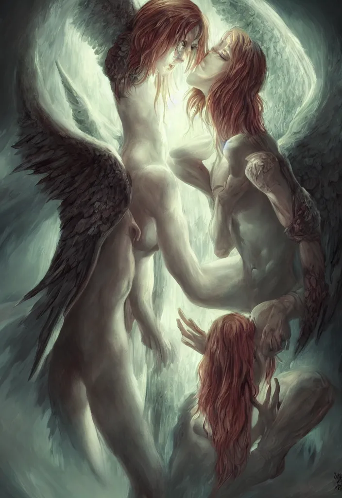 Prompt: a demon being intimate with an angel, fantasy, trending on artstation, digital art.