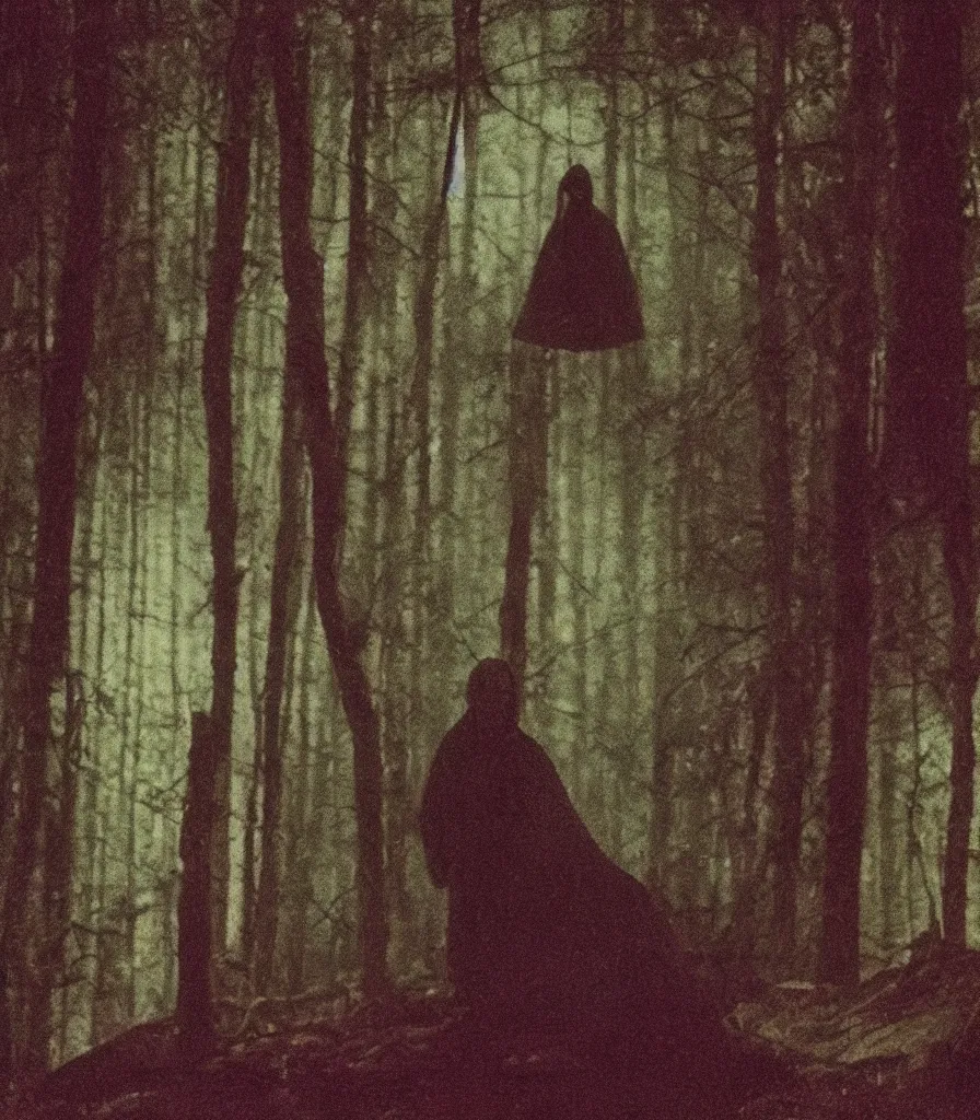 Image similar to high quality high definition colorized movie still from Haxan: a lonely ghost walking alone at night in the woods, high quality silent movie, iridescent color palette