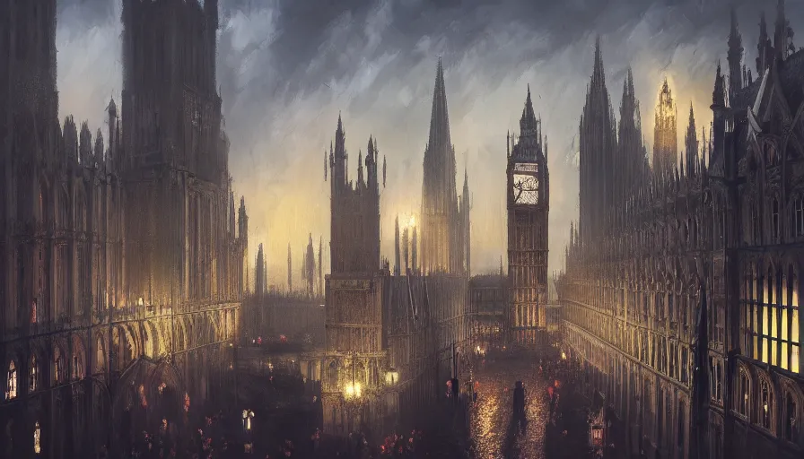 Image similar to neo - gothic london's with crowded place, night, hyperdetailed, artstation, cgsociety, 8 k