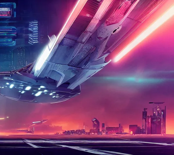 Image similar to futuristic sci fi jet lands at runway of cyberpunk city, night photo ,dark cinematic lighting , digital concept art, bladerunner 2049