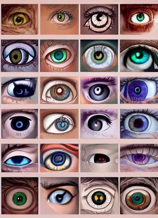 Prompt: diverse eyes!, dot pupils, vitals visualiser!!, advanced art, art styles mix, from wikipedia, grid of styles, various eye shapes