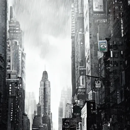 Prompt: A city block in New York City done in the style of, Matrix, Alice in Wonderland, Blade Runner, Ryan Gosling, dark, moody, cinematic, atmosphere